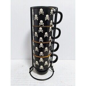 SIGNATURE HOUSEWARES SKULL & CROSSBONES ESPRESSO STACKABLE MUG RACK SET